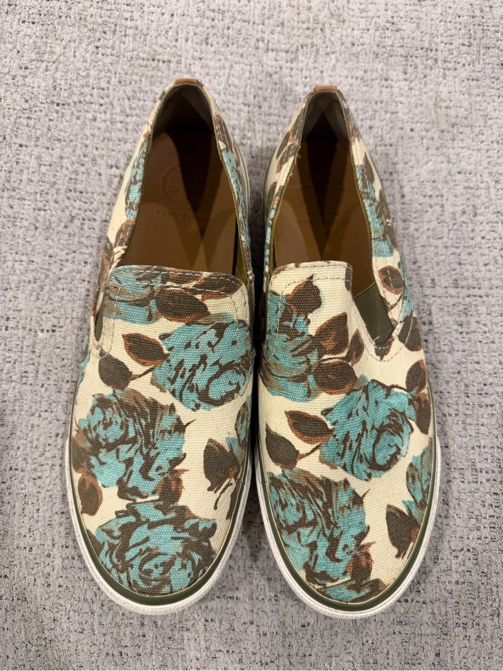 Tory Burch Floral Canvas Slip-On Flats in Teal and Brown